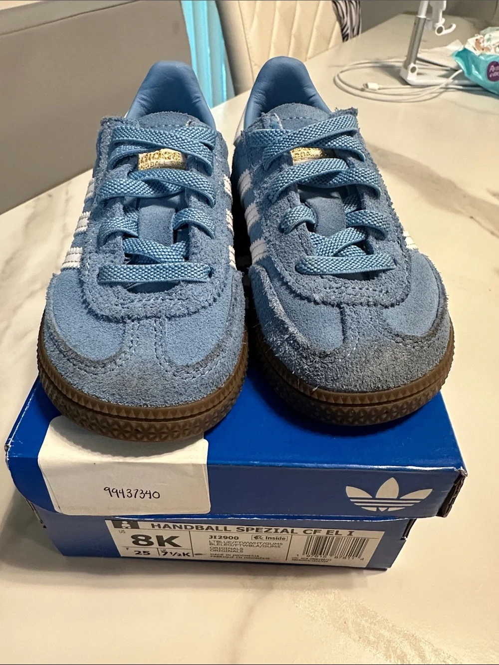 adidas Kids Handball Spezial Suede Sneakers in Light Blue and White